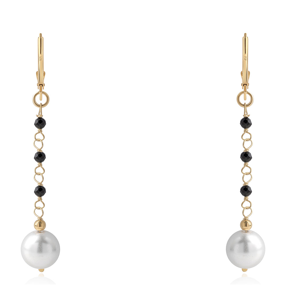 Kolczyki srebrne pozłacane z czarnym spinelem i białą perłą słodkowodną 2 
