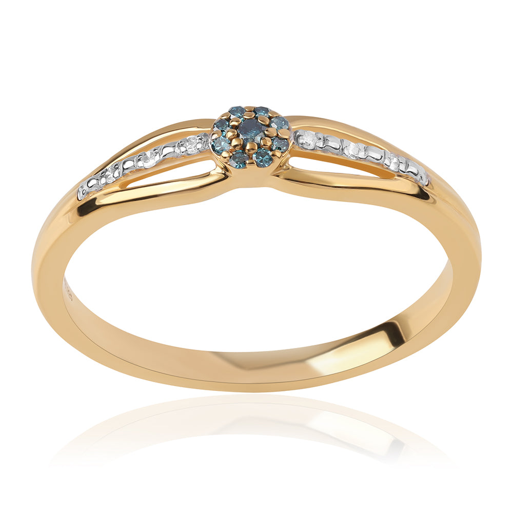 Pierścionek srebrny pozłacany z niebieskim diamentem i białym diamentem