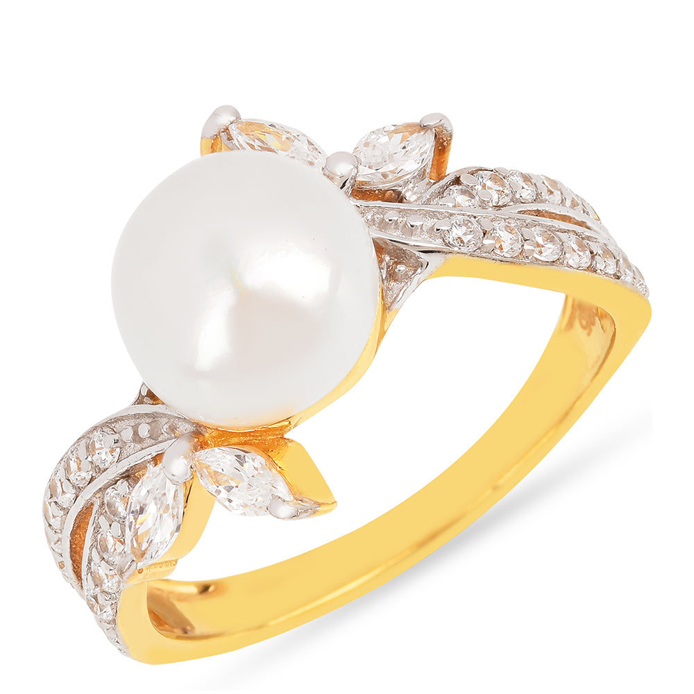 Pierścionek srebrny pozłacany z kremową perłą słodkowodną i białym cyrkonem 1 