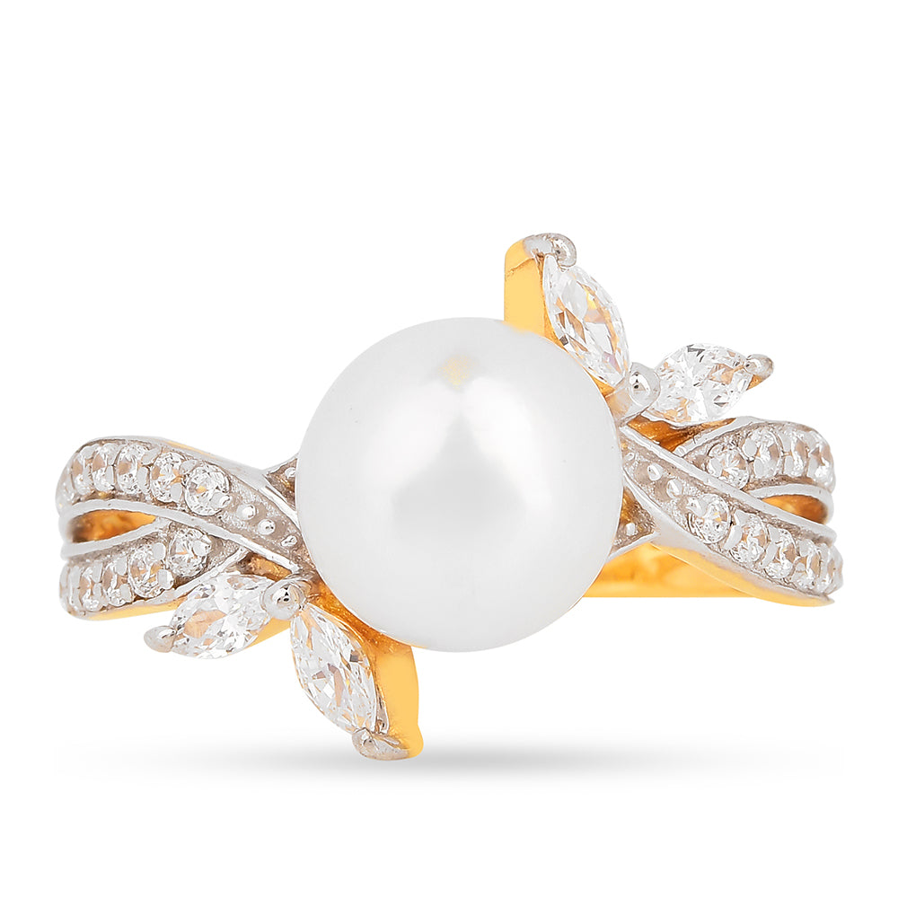 Pierścionek srebrny pozłacany z kremową perłą słodkowodną i białym cyrkonem