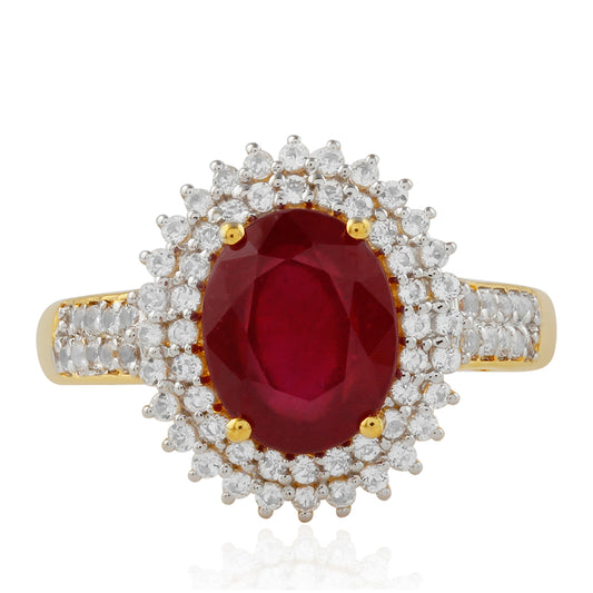 Pierścionek srebrny pozłacany z tajskim rubinem i białym topazem