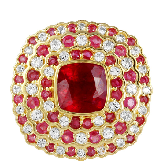 Pierścionek srebrny pozłacany z tajskim rubinem i białym topazem