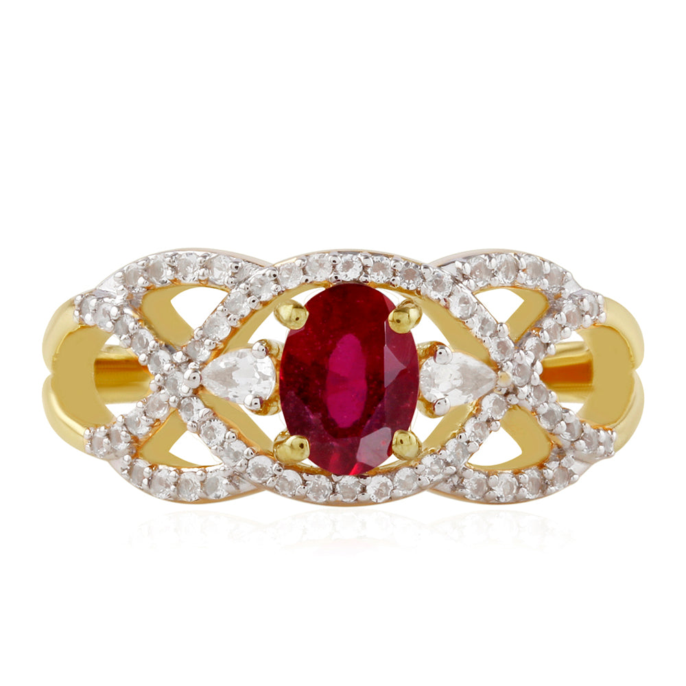 Pierścionek srebrny pozłacany z tajskim rubinem i białym topazem 1 