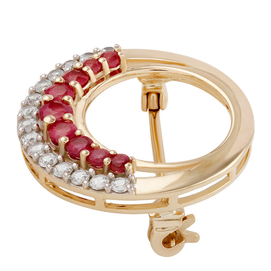 Broszka z 9K złota z malgaskim rubinem i białym cyrkonem