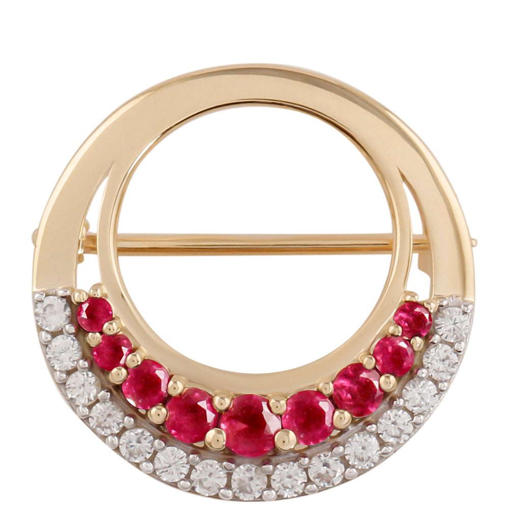 Broszka z 9K złota z malgaskim rubinem i białym cyrkonem