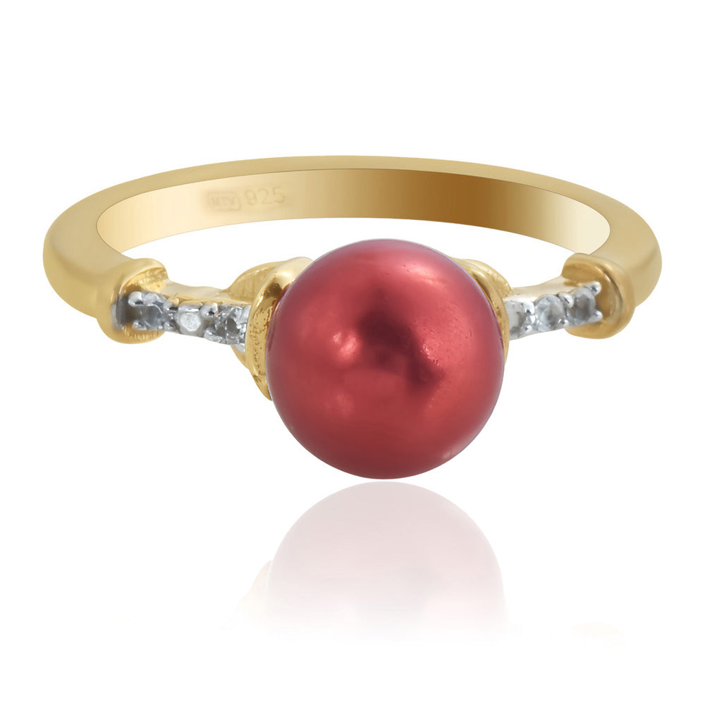 Pierścionek srebrny pozłacany z czerwoną perłą słodkowodną i białym topazem