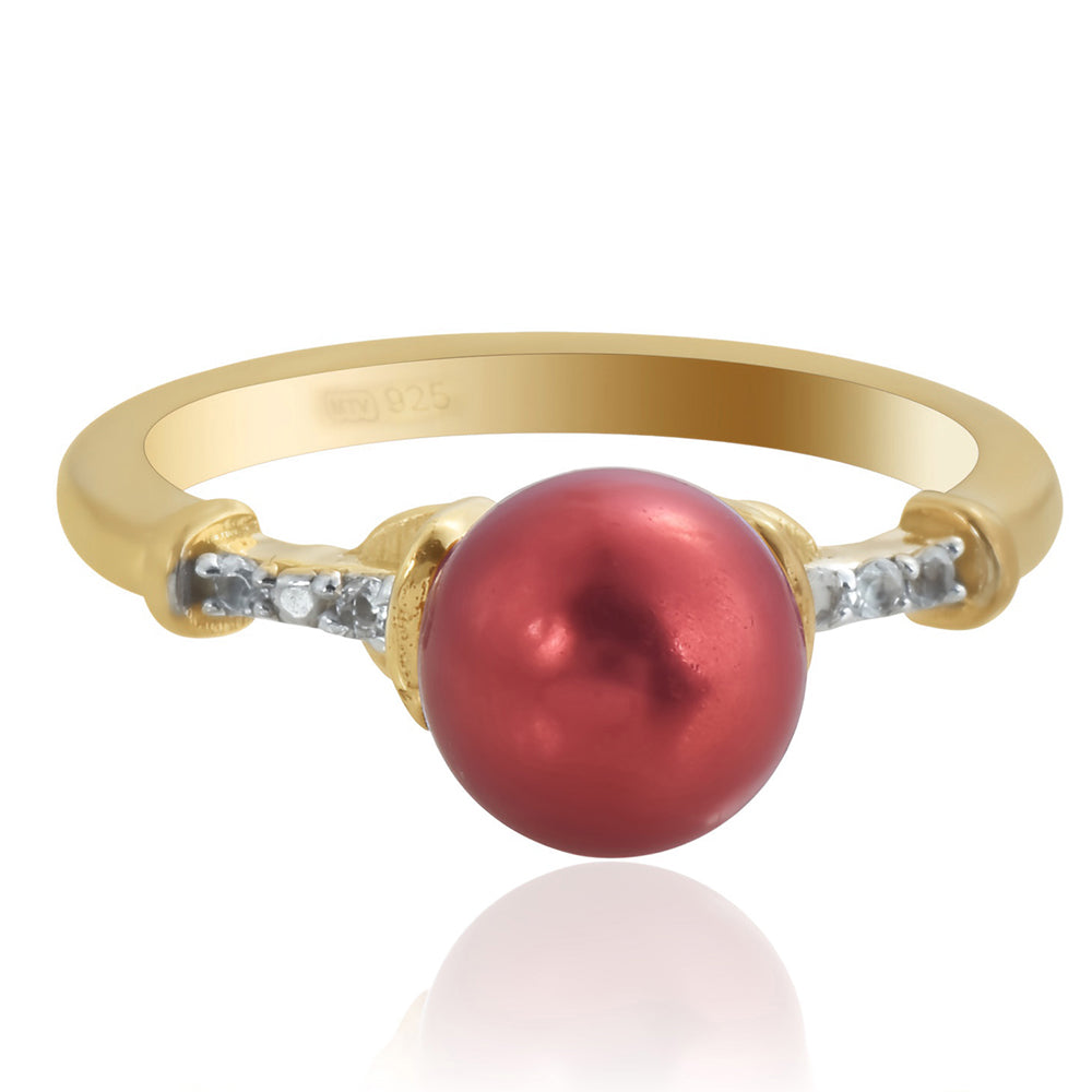 Pierścionek srebrny pozłacany z czerwoną perłą słodkowodną i białym topazem 3 