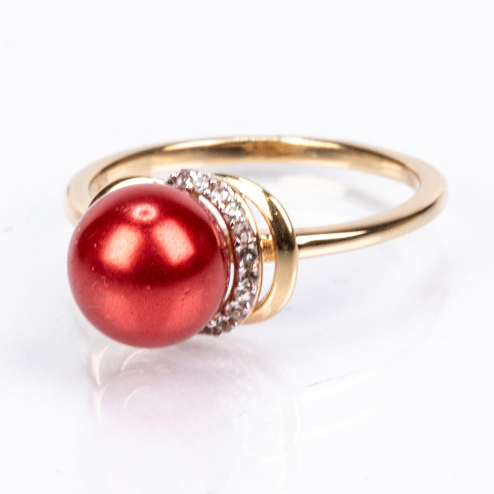Pierścionek srebrny pozłacany z czerwoną perłą słodkowodną i białym topazem