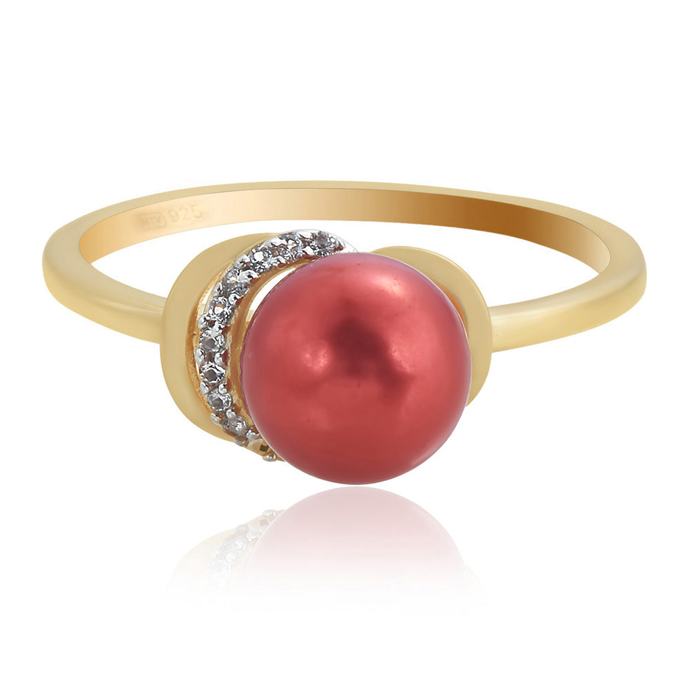 Pierścionek srebrny pozłacany z czerwoną perłą słodkowodną i białym topazem 2 
