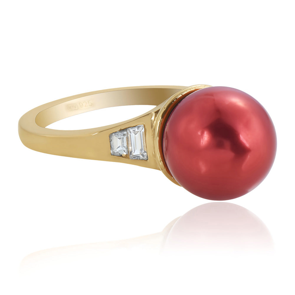 Pierścionek srebrny pozłacany z czerwoną perłą słodkowodną i białym topazem