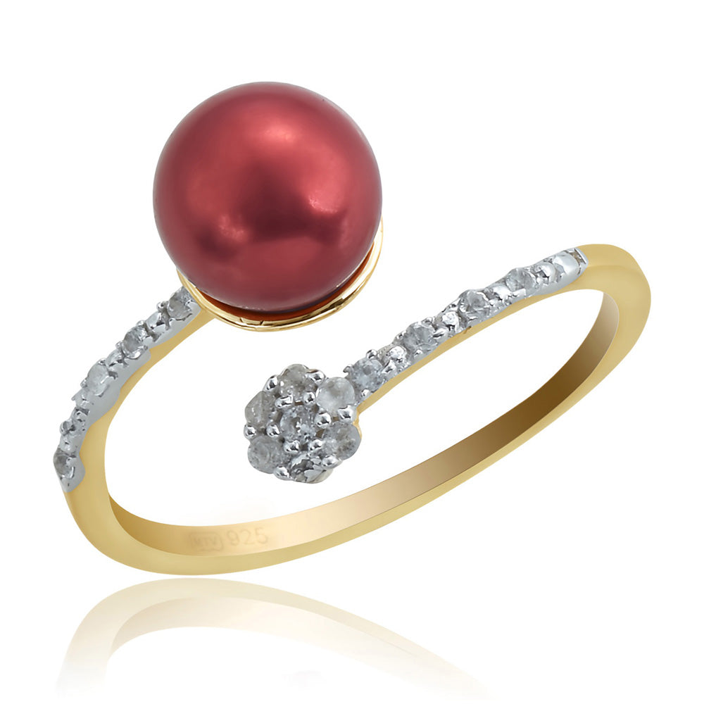 Pierścionek srebrny pozłacany z czerwoną perłą słodkowodną i białym topazem