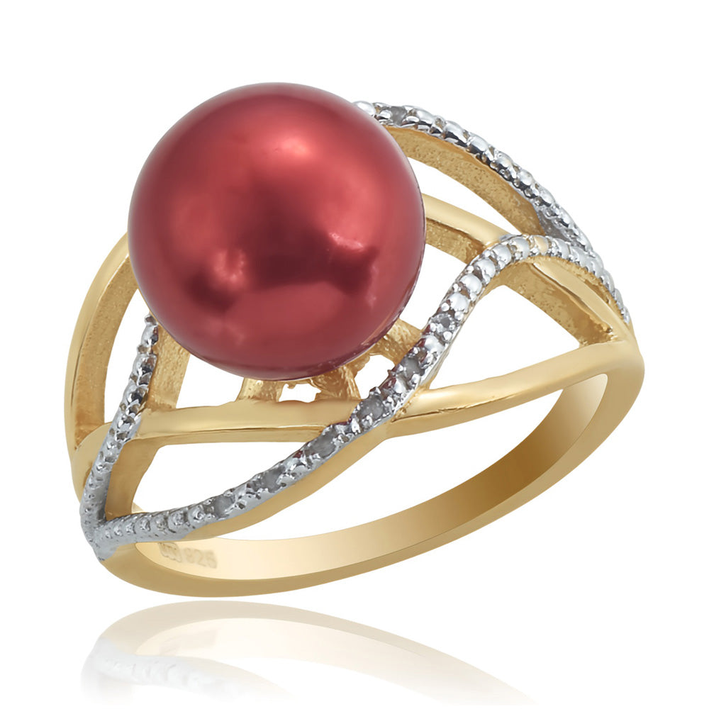 Pierścionek srebrny pozłacany z czerwoną perłą słodkowodną i białym topazem 1 