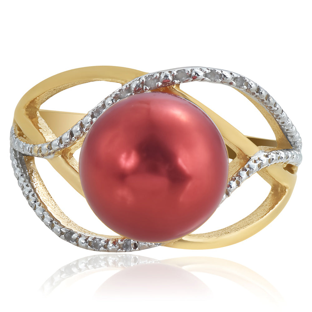 Pierścionek srebrny pozłacany z czerwoną perłą słodkowodną i białym topazem