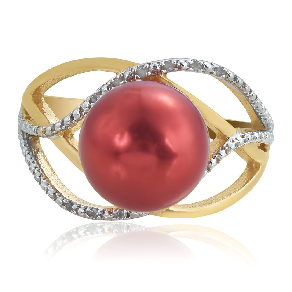 Pierścionek srebrny pozłacany z czerwoną perłą słodkowodną i białym topazem 3 