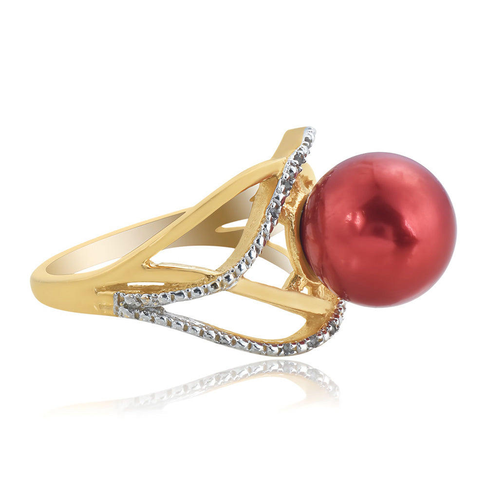 Pierścionek srebrny pozłacany z czerwoną perłą słodkowodną i białym topazem