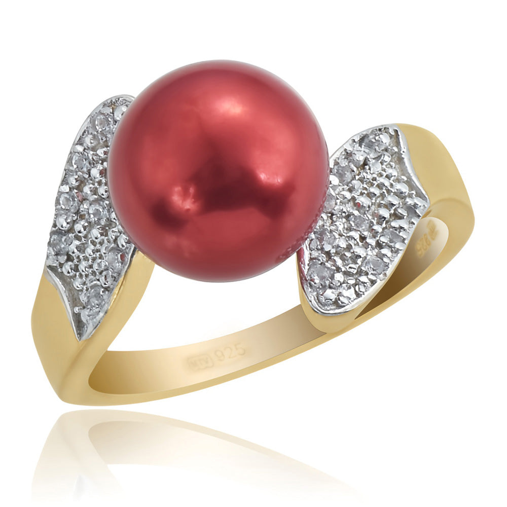 Pierścionek srebrny pozłacany z czerwoną perłą słodkowodną i białym topazem 1 