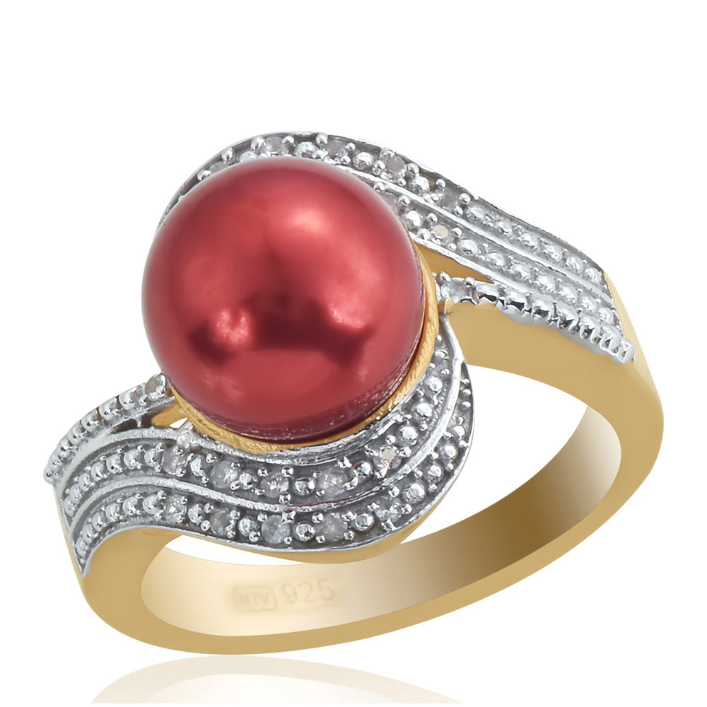 Pierścionek srebrny pozłacany z czerwoną perłą słodkowodną i białym topazem 2 