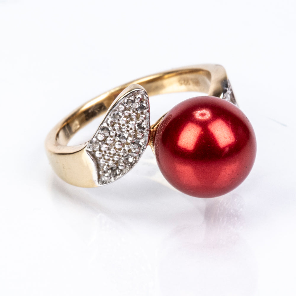 Pierścionek srebrny pozłacany z czerwoną perłą słodkowodną i białym topazem 3 