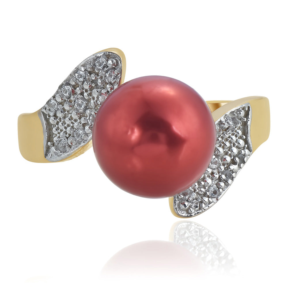 Pierścionek srebrny pozłacany z czerwoną perłą słodkowodną i białym topazem