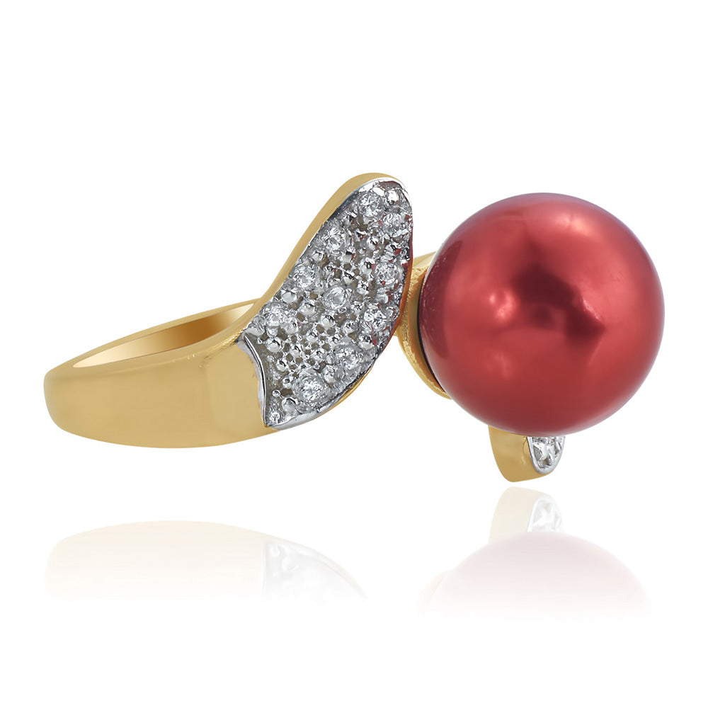 Pierścionek srebrny pozłacany z czerwoną perłą słodkowodną i białym topazem