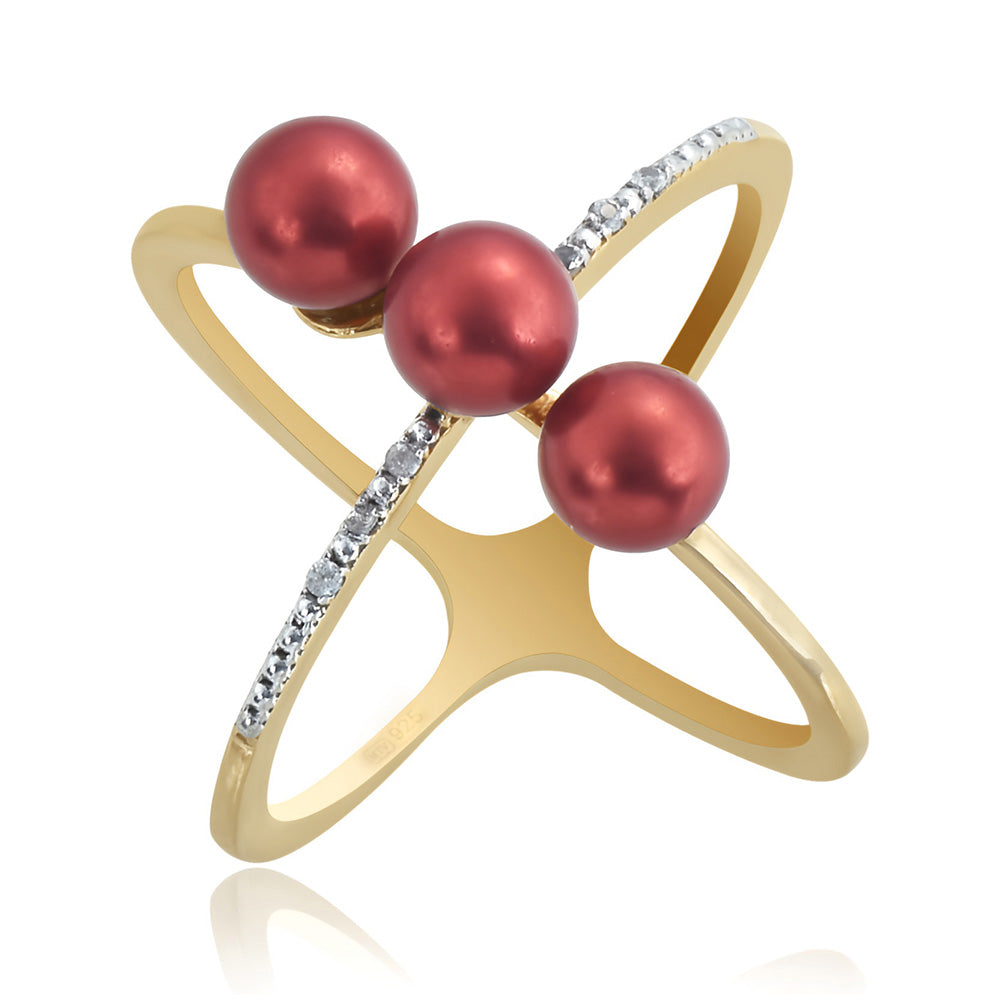 Pierścionek srebrny pozłacany z czerwoną perłą słodkowodną i białym topazem 1 