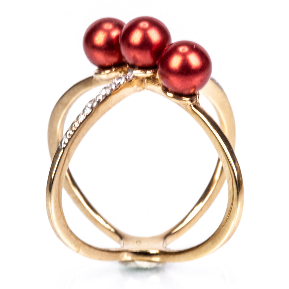 Pierścionek srebrny pozłacany z czerwoną perłą słodkowodną i białym topazem