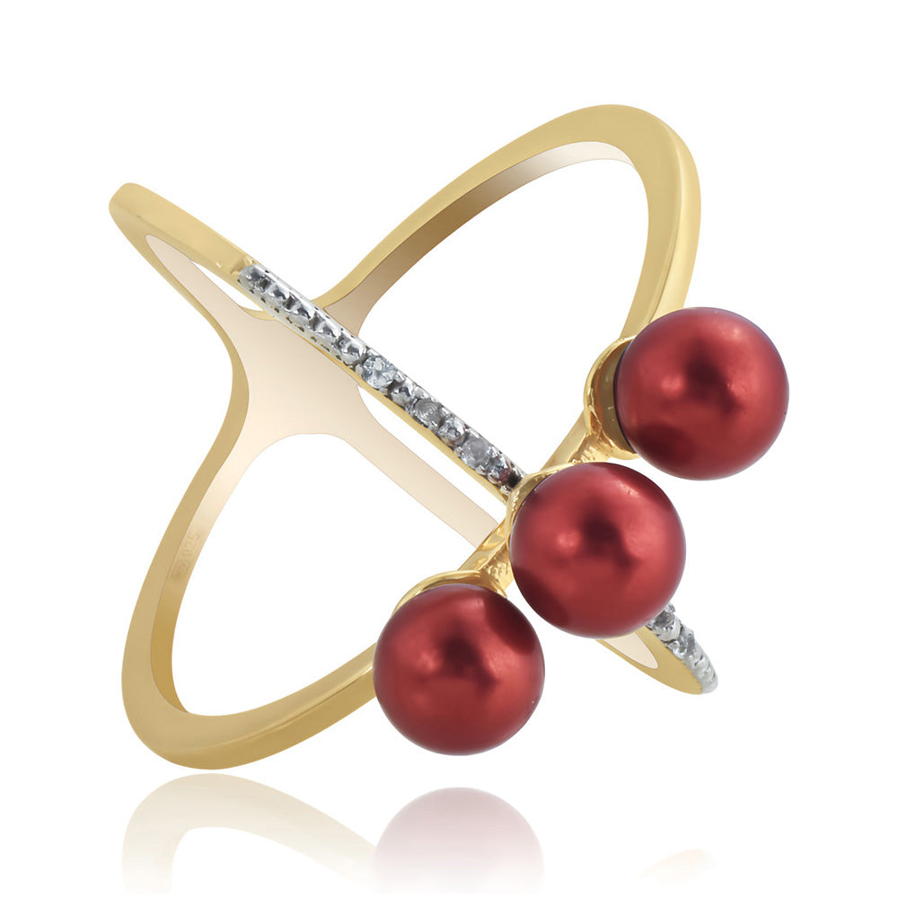 Pierścionek srebrny pozłacany z czerwoną perłą słodkowodną i białym topazem