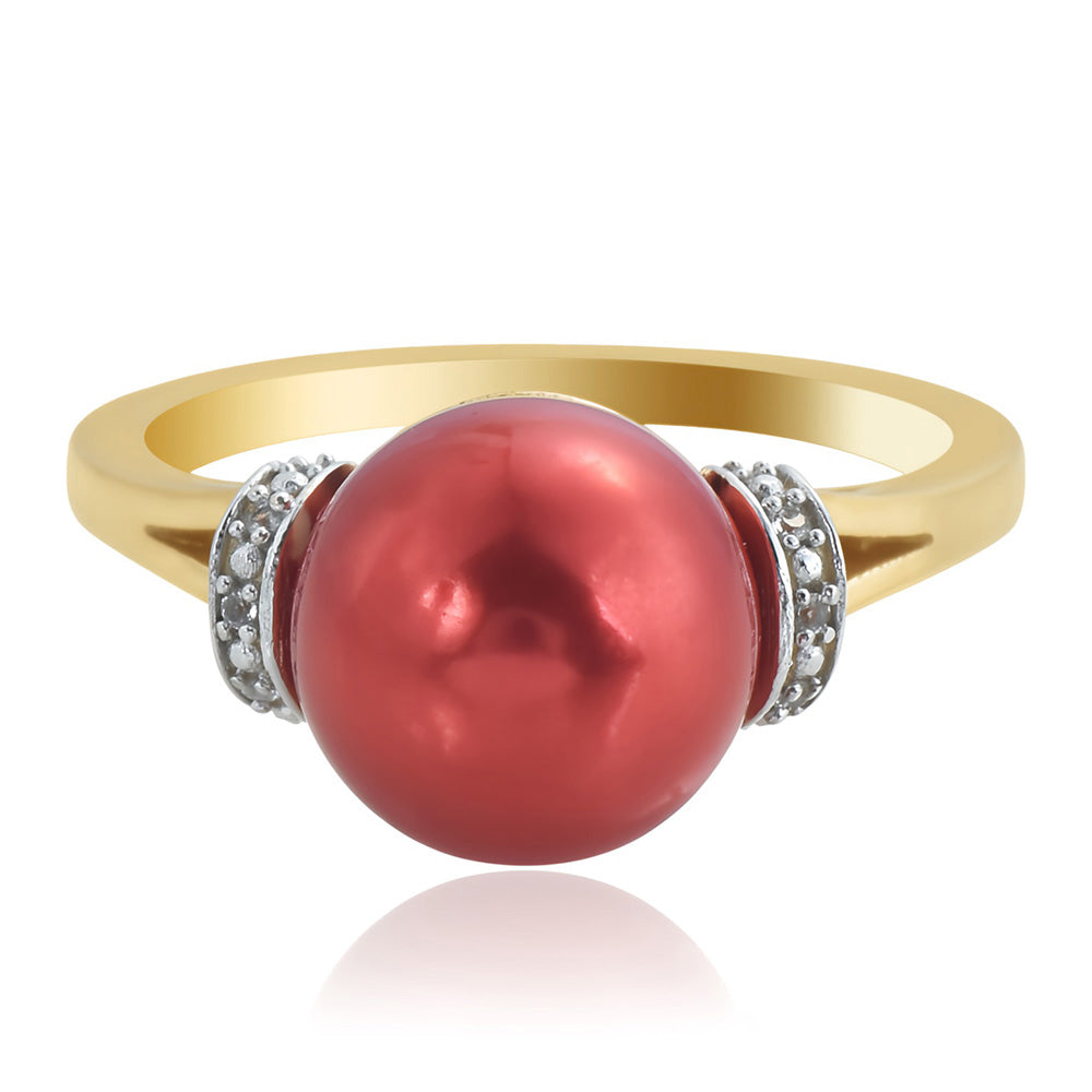 Pierścionek srebrny pozłacany z czerwoną perłą słodkowodną i białym topazem