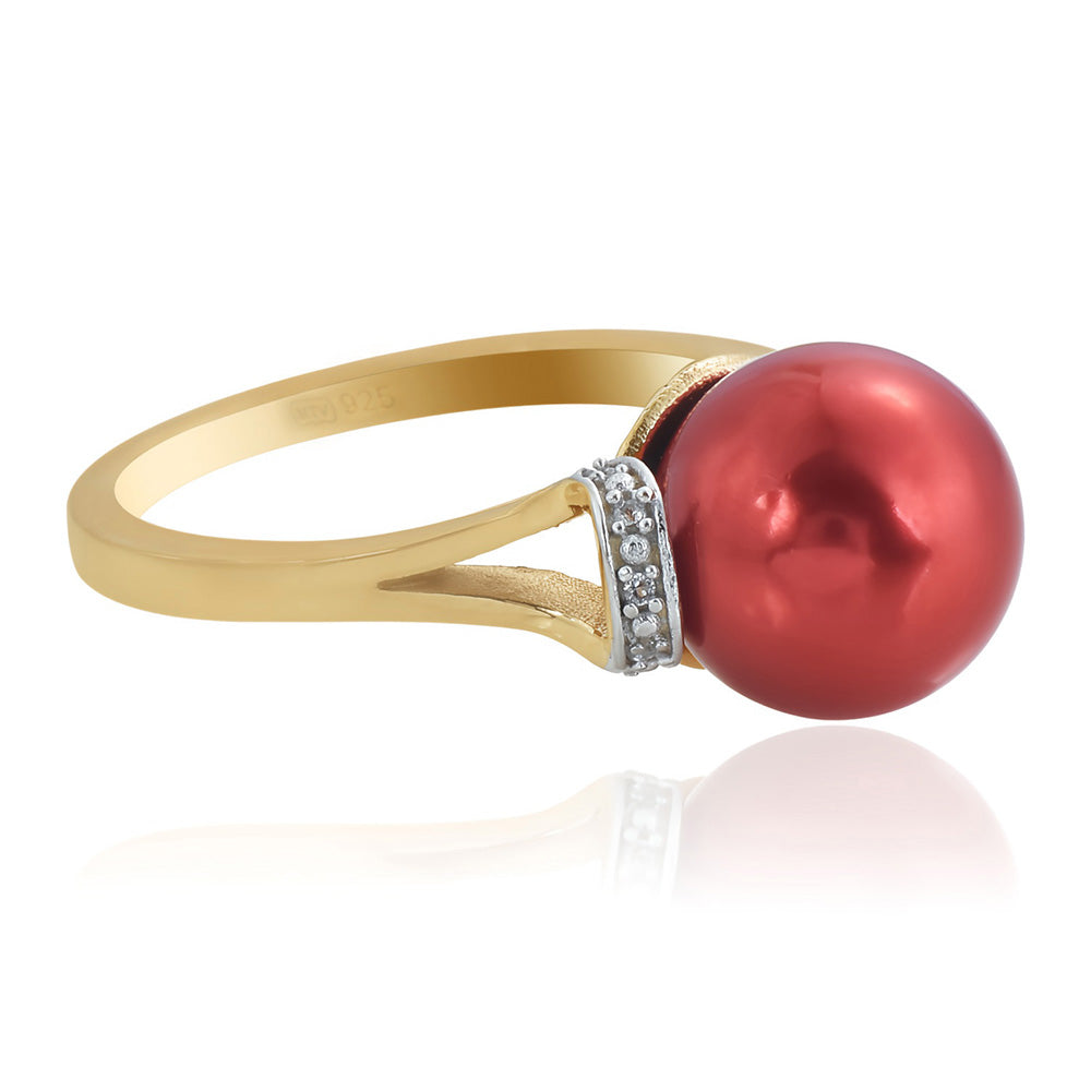 Pierścionek srebrny pozłacany z czerwoną perłą słodkowodną i białym topazem 3 