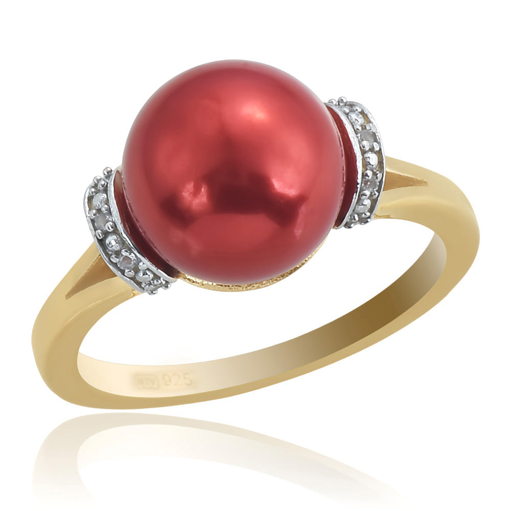 Pierścionek srebrny pozłacany z czerwoną perłą słodkowodną i białym topazem