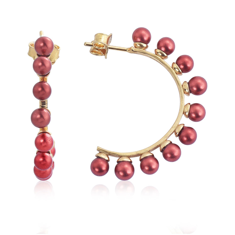 Kolczyki srebrne pozłacane z czerwoną perłą słodkowodną