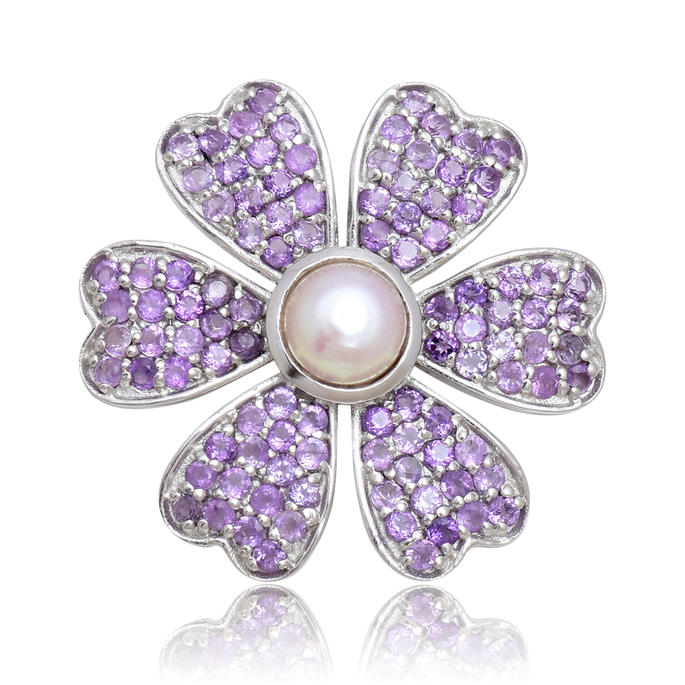 Broszka ze srebra próby 925 z marokańskim ametystem i białą perłą słodkowodną