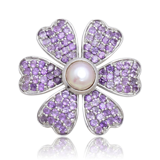 Broszka ze srebra próby 925 z marokańskim ametystem i białą perłą słodkowodną
