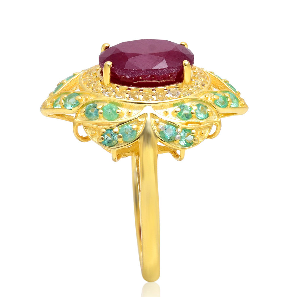 Pierścionek srebrny pozłacany z malgaskim rubinem i brazylijskim szmaragdem 2 