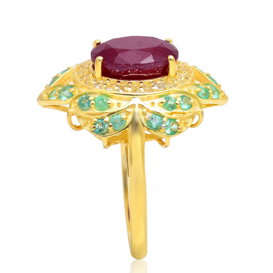 Pierścionek srebrny pozłacany z malgaskim rubinem i brazylijskim szmaragdem