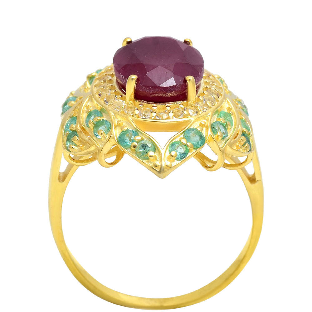 Pierścionek srebrny pozłacany z malgaskim rubinem i brazylijskim szmaragdem