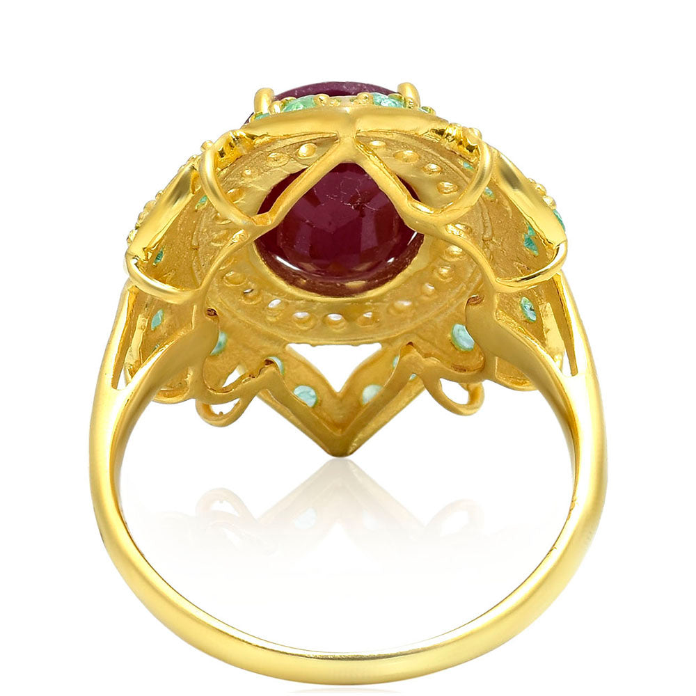 Pierścionek srebrny pozłacany z malgaskim rubinem i brazylijskim szmaragdem