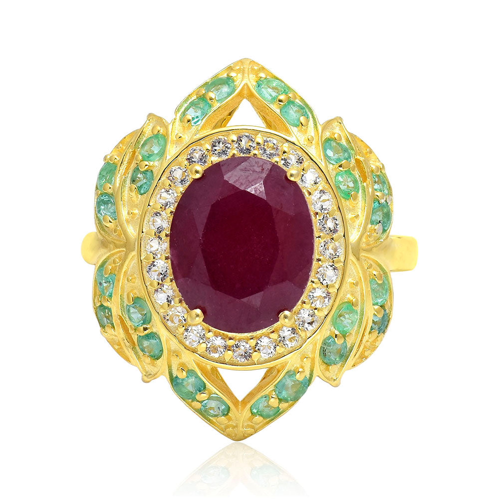 Pierścionek srebrny pozłacany z malgaskim rubinem i brazylijskim szmaragdem 1 