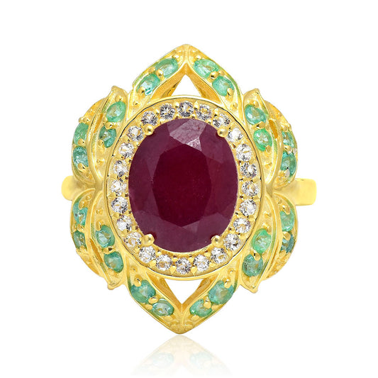 Pierścionek srebrny pozłacany z malgaskim rubinem i brazylijskim szmaragdem