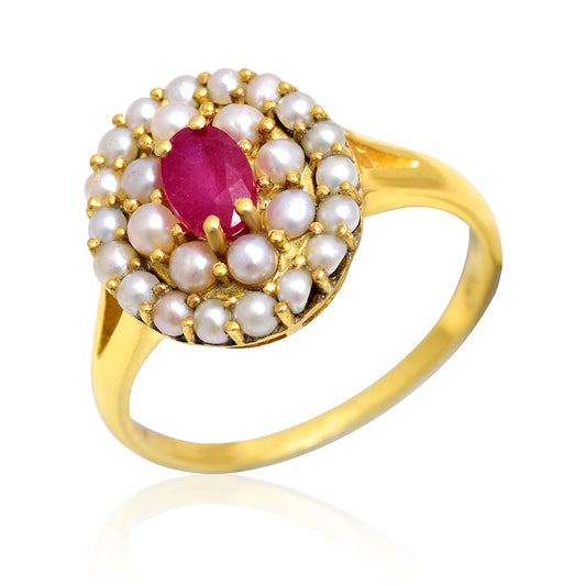 Pierścionek srebrny pozłacany z malgaskim rubinem i białą perłą słodkowodną