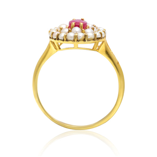 Pierścionek srebrny pozłacany z malgaskim rubinem i białą perłą słodkowodną