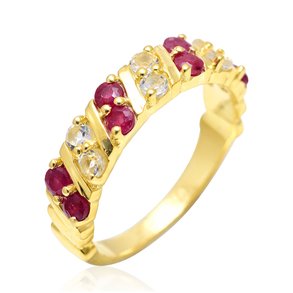 Pierścionek srebrny pozłacany z malgaskim rubinem i białym topazem 2 