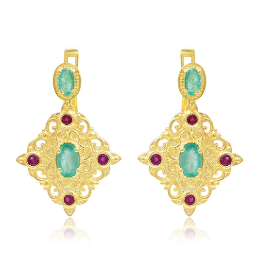 Kolczyki srebrne pozłacane z malgaskim rubinem i brazylijskim szmaragdem