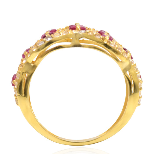 Pierścionek srebrny pozłacany z malgaskim rubinem i białym topazem