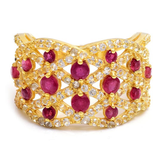 Pierścionek srebrny pozłacany z malgaskim rubinem i białym topazem