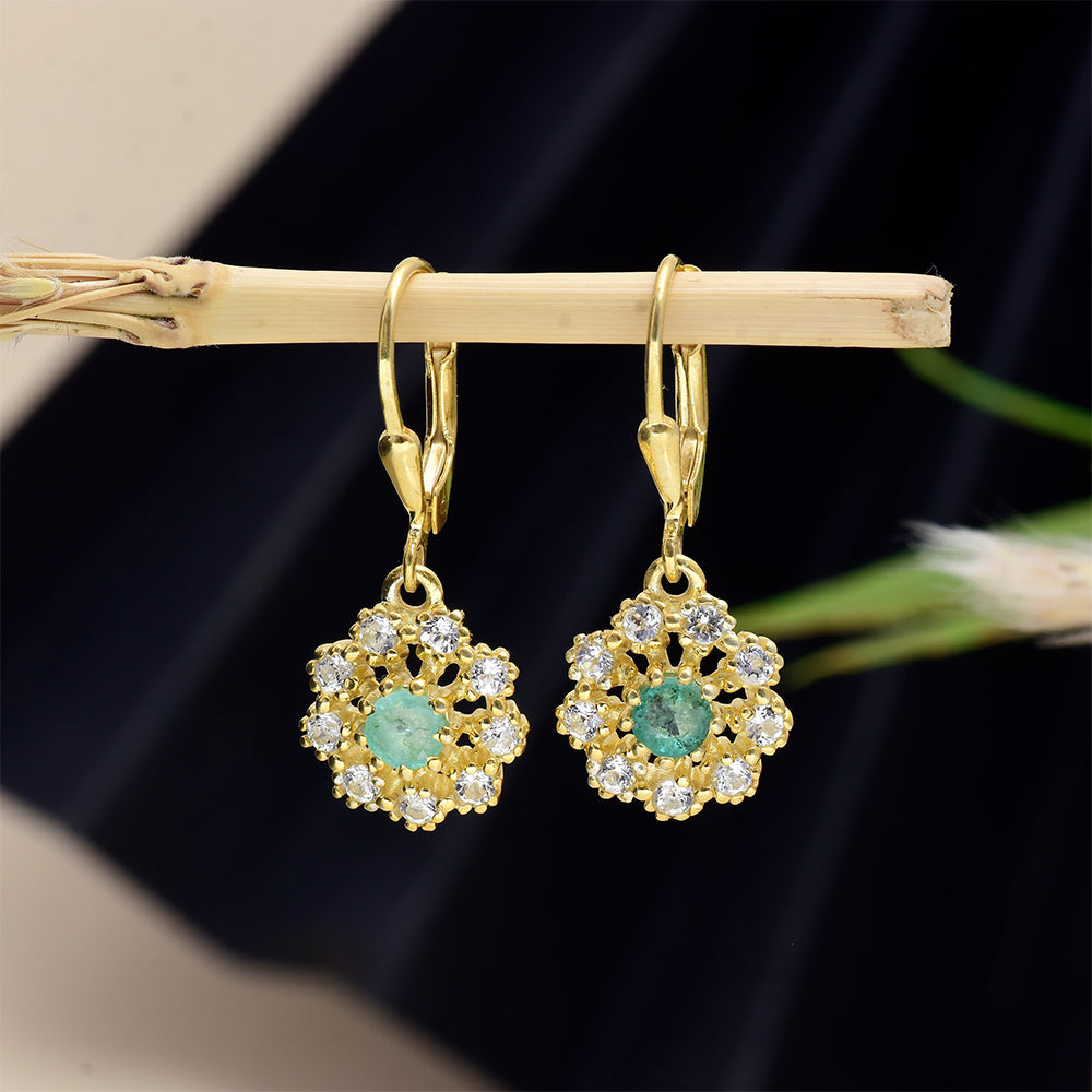 Kolczyki srebrne pozłacane z brazylijskim szmaragdem i białym topazem 2 