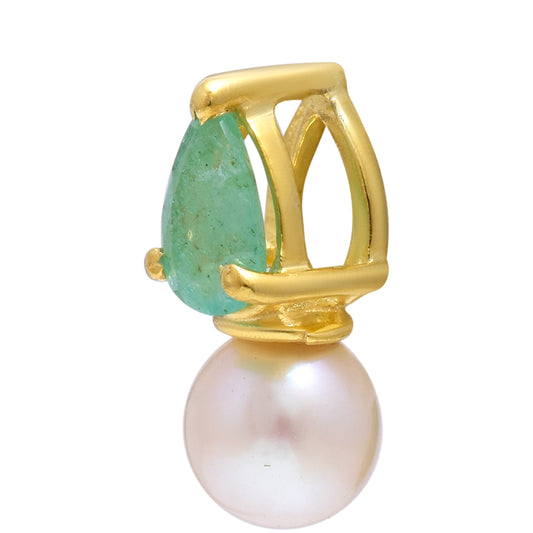 Zawieszka srebrna pozłacana z brazylijskim szmaragdem i białą perłą słodkowodną