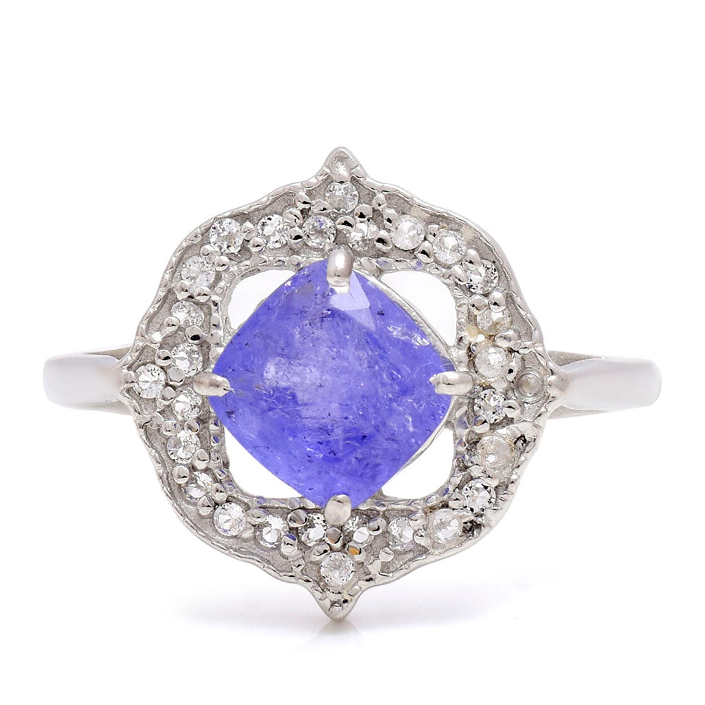 Pierścionek ze srebra próby 925 z tanzanitem klasy AAA i białym topazem