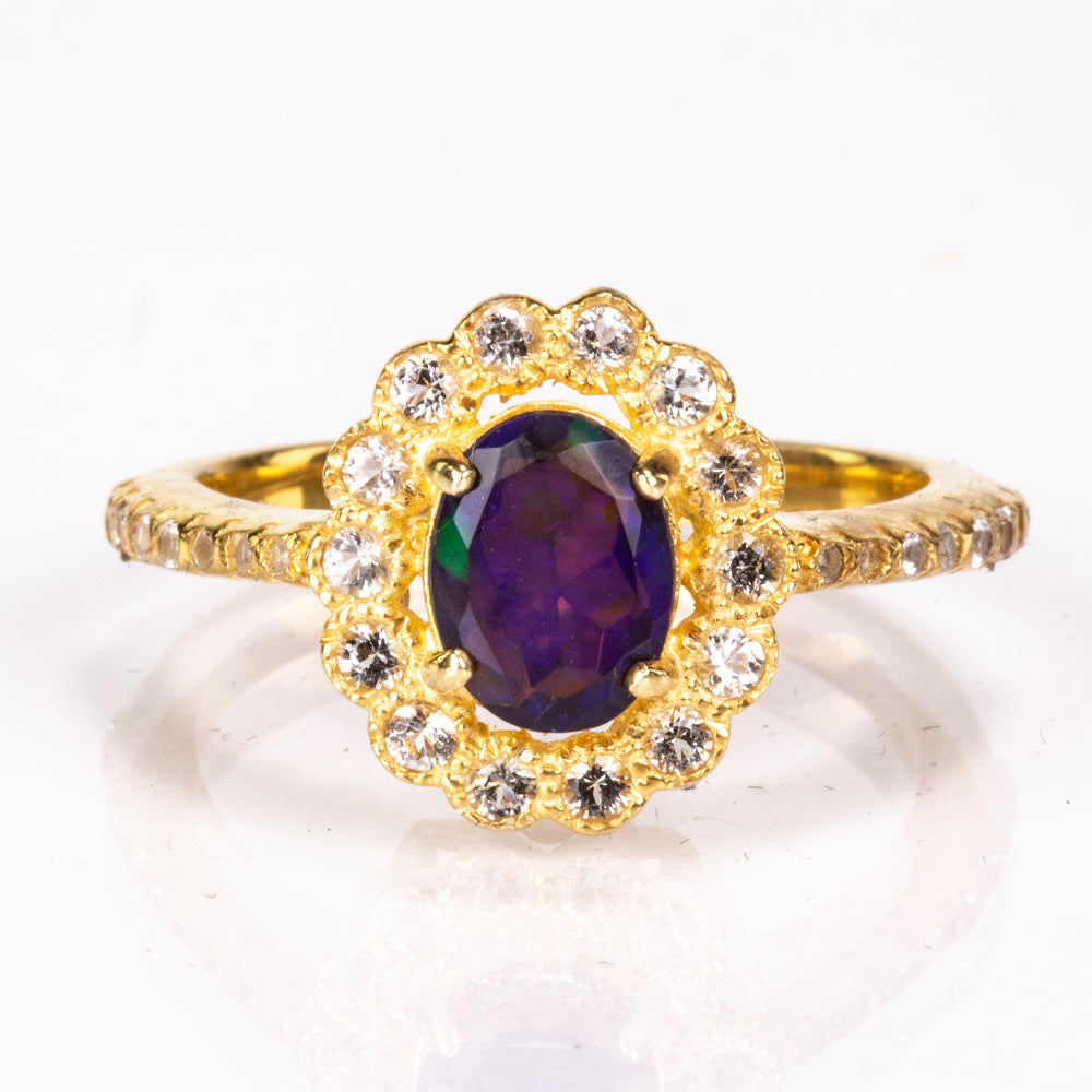 Pierścionek srebrny pozłacany z opalem etiopskim i białym topazem