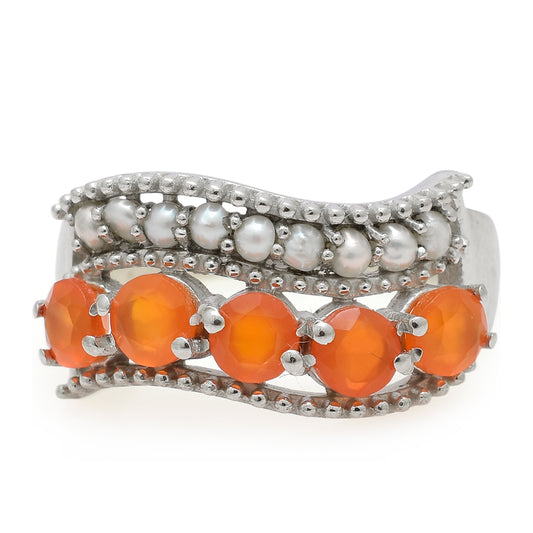 Pierścionek ze srebra próby 925 z czerwonym agatem i białą perłą słodkowodną